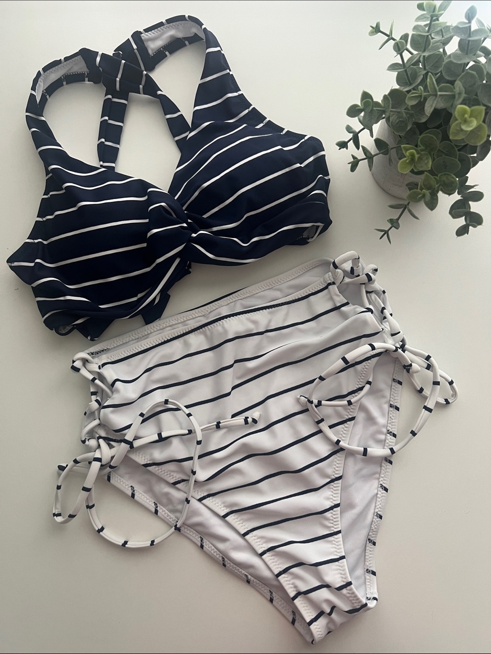 NWOT Cupshe Nautical Navy Stripe Bikini Side ties cross straps
